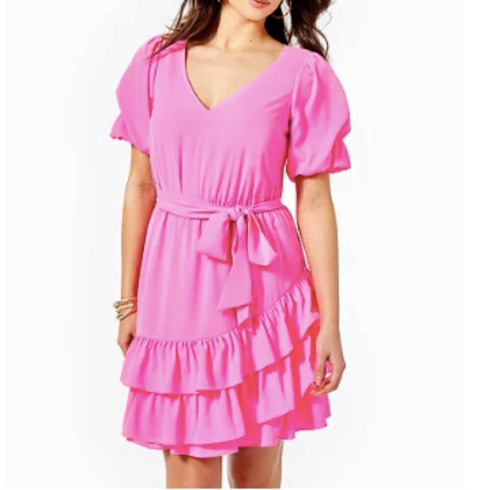 Lilly Pulitzer Martha Stretch Ruffle Dress In Prosecco Pink Sz 4